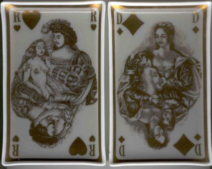 Two continental curved white glass dishes, depicting a (naughty) Rex of Hearts and Dame of Diamonds in gold